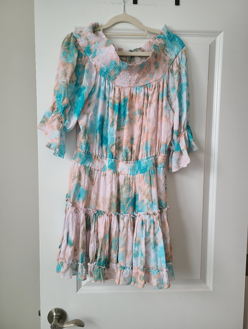 Vestique Pink And Blue Tie Dye Off Shoulder Kailey Mini Dress